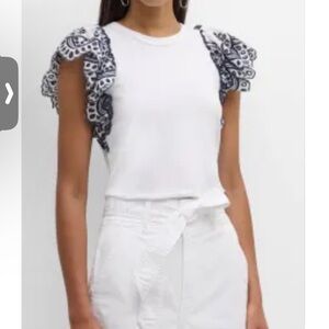 Veronica Beard Julianka Top Ruffled Sleeve mbroidered Trim White Sz L